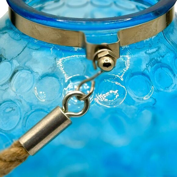 Blue Bubble Glass Hanging Candle Holder With Metal & Rope Handle - Picture 11 of 14